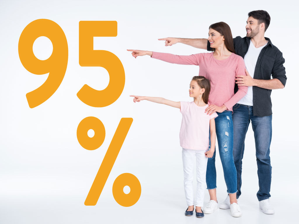 Perhe osoittaa sormillaan 95 % -merkkiä, suosittelu